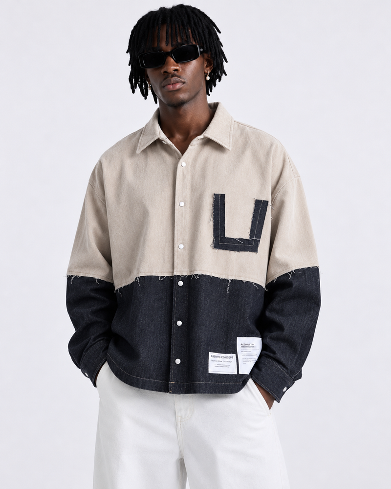 Camicia Oversize Bicolor con Dettagli Raw Cut Beige