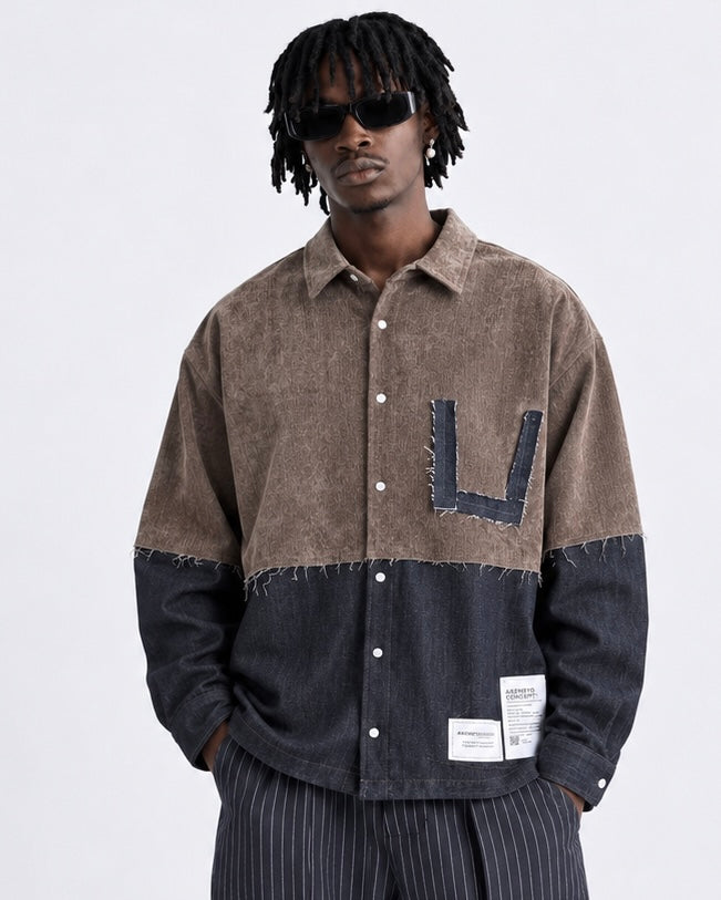 Camicia Oversize Bicolor con Dettagli Raw Cut fango