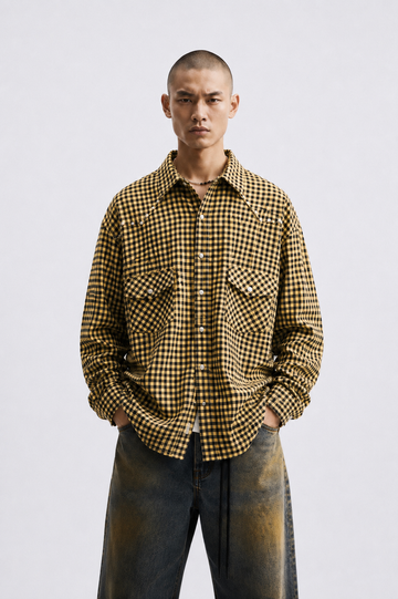 Camicia Oversize Quadretti Borchie Gialla