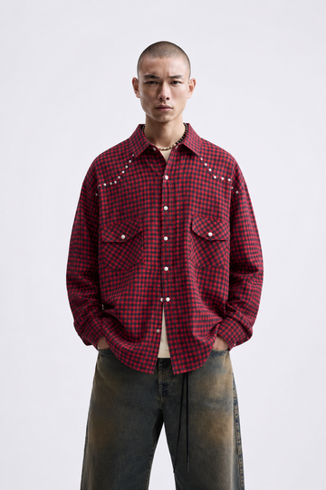 Camicia Oversize Quadretti Borchie Rossa