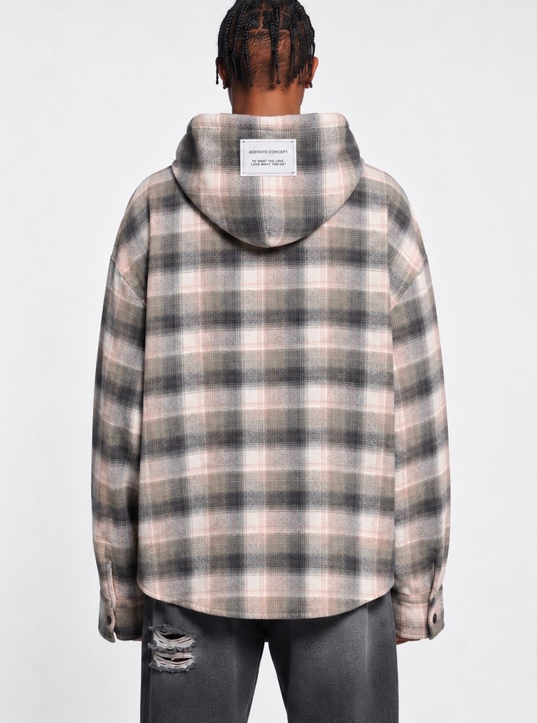 Camicia Oversize a Quadri con Cappuccio – Beige/Grigio