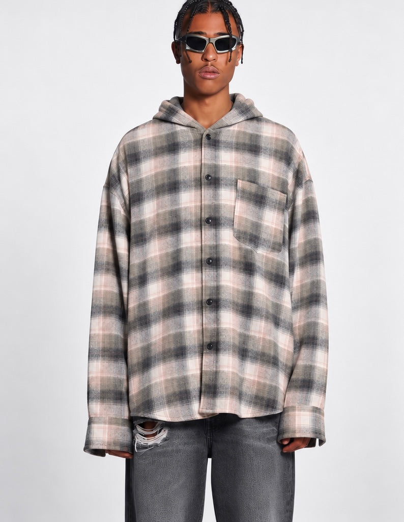 Camicia Oversize a Quadri con Cappuccio – Beige/Grigio
