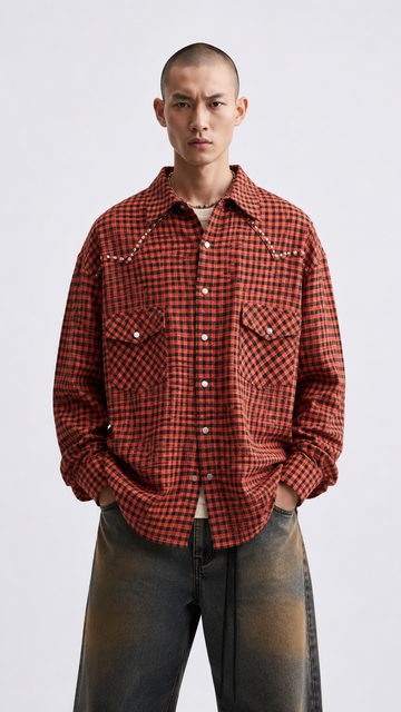 Camicia Oversize Quadretti Borchie Arancione