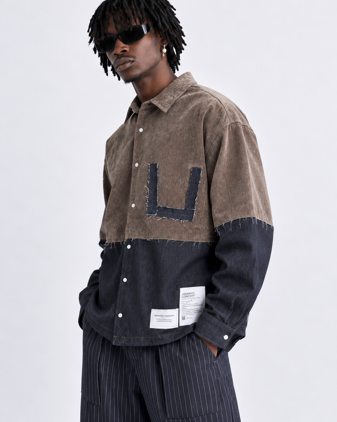 Camicia Oversize Bicolor con Dettagli Raw Cut fango