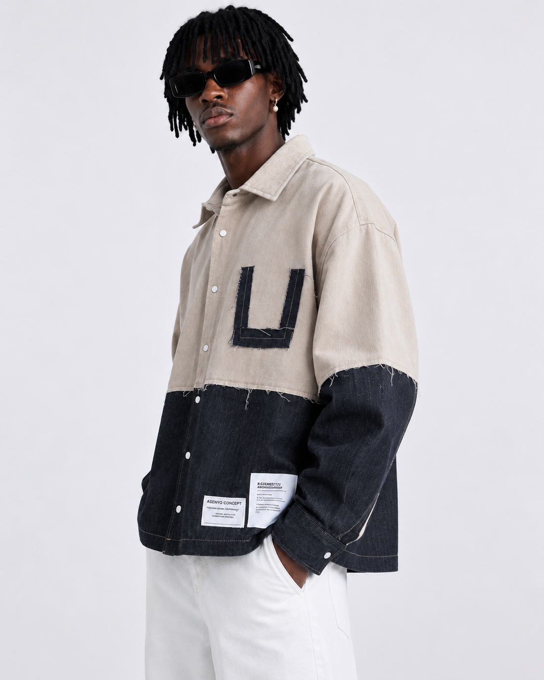Camicia Oversize Bicolor con Dettagli Raw Cut Beige