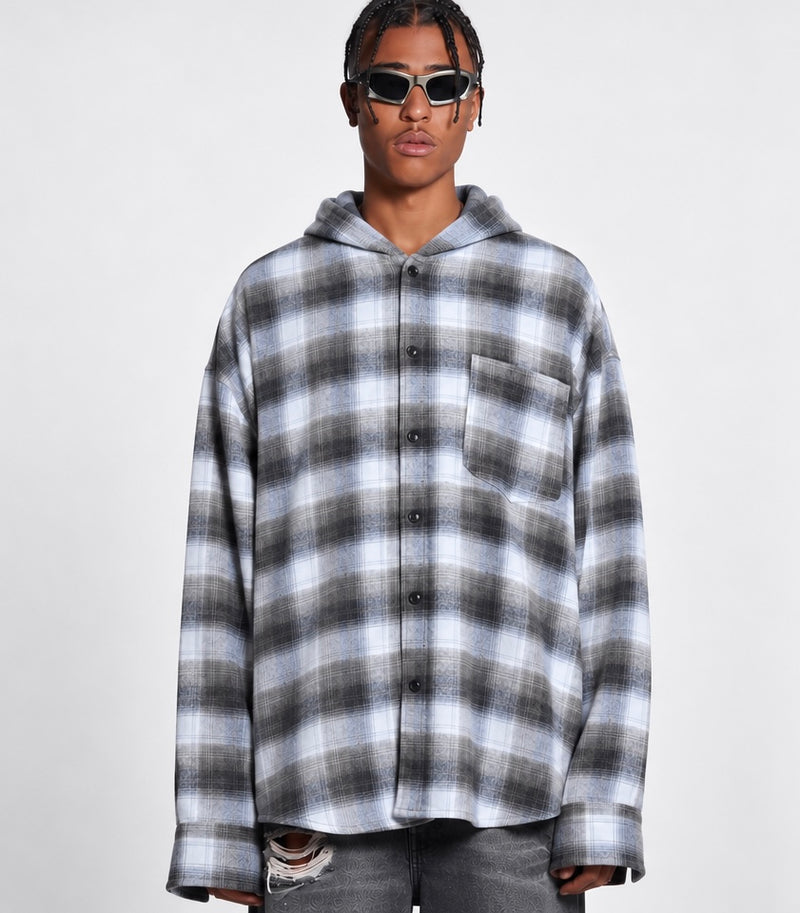 Camicia Oversize a Quadri con Cappuccio – azzurro